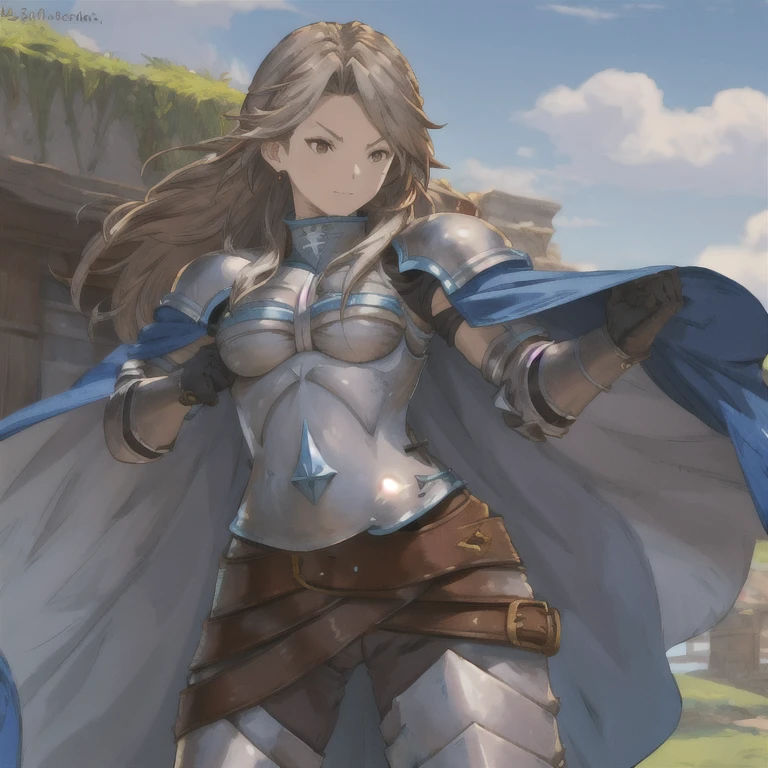 katalina (granblue fantasy), armor, gauntlets, belt, breastplate, shoulder armor, cape, pauldrons, pants, best quality 