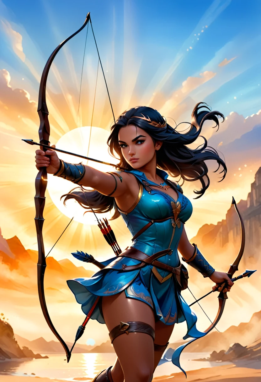 a watercolor illustration of a exquisite female archer, (silhouette artwork: 1.3), as the sun rises, fantasy art, ), sunrising behind the archer, ready to act,  ultra feminine, with a long curvy hair, dynamic bow sting drawn to the cheek , arrow ready to be shot, arrow tip glimmers, sunrays, divine rays, high details, best quality, 16k, [ultra detailed], masterpiece, best quality, (extremely detailed), dynamic angle, Aiming a Bow, bow (weapon)