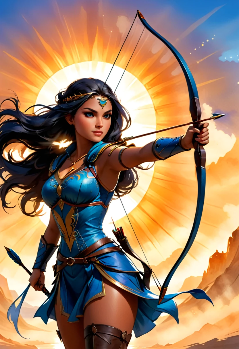 a watercolor illustration of a exquisite female archer, (silhouette artwork: 1.3), as the sun rises, fantasy art, ), sunrising behind the archer, ready to act,  ultra feminine, with a long curvy hair, dynamic bow sting drawn to the cheek , arrow ready to be shot, arrow tip glimmers, sunrays, divine rays, high details, best quality, 16k, [ultra detailed], masterpiece, best quality, (extremely detailed), dynamic angle, Aiming a Bow, bow (weapon)