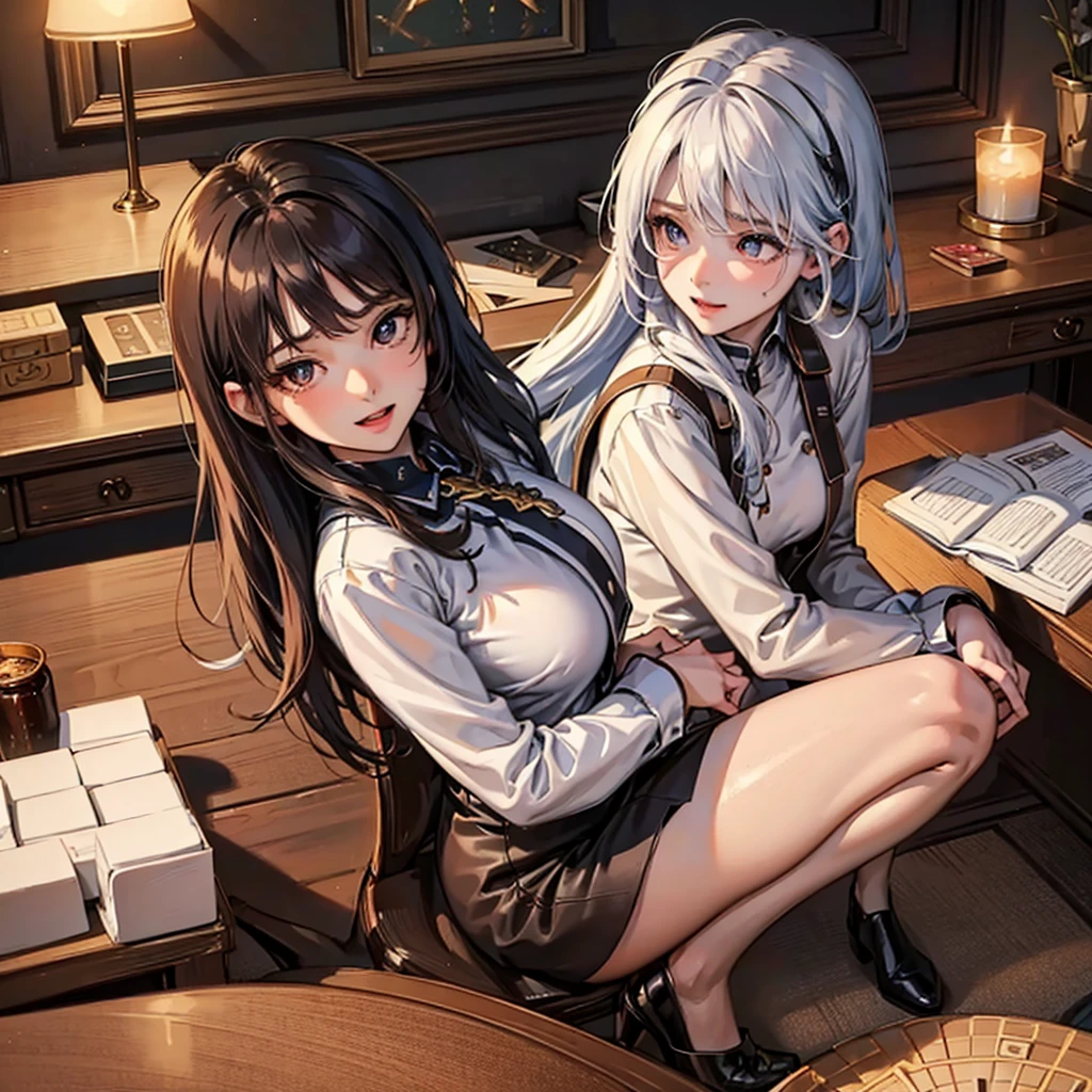 NSFW, sexy, erotic, a hyper-realistic anime-style girl VTuber with long, flowing hair and large, sparkling eyes is live streaming, sitting at her desk in an exquisitely detailed and cozy room adorned with intricate posters, plush toys, and various decorations. The desk is cluttered with streaming equipment illuminated by vibrant, colorful LED lights, creating a captivating and lively atmosphere. She is wearing an adorable outfit and holding a steaming cup of hot cocoa. The angle changes to an extremely dynamic and unique view, focusing intently on the surface of the hot cocoa, featuring an incredibly detailed and charming cute girl design as latte art, without a saucer. Her hand and part of her face are visible as she joyfully introduces the hot cocoa to her viewers. Elements of her live streaming setup, including a microphone, camera, and chat screen, are prominently displayed on the desk, alongside scattered mahjong tiles and a monitor showcasing an intense mahjong game stream. The background is rich with meticulously crafted items, enhancing the cozy and mysterious ambiance. The warm, inviting room light and vibrant LED lights provide a stunning contrast, creating a perfect balance of brightness and shadow. Every detail is rendered with the highest level of precision and clarity, showcasing the warmth of the scene and the allure of the hot cocoa with cute girl latte art, while emphasizing the thrilling mahjong game stream in the most breathtaking quality imaginable. The VTuber's enthusiasm and love for both hot cocoa and mahjong are vividly depicted, making her personality shine through in this extraordinary masterpiece. Enhance the overall resolution and detail to the highest possible level for a strikingly detailed and vibrant image.