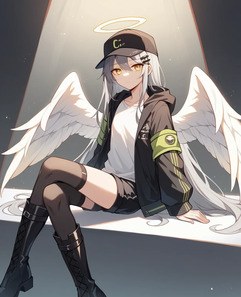 , masterpiece, Highest quality, Very detailed, CG, 8k wallpaper, Pretty face, Delicate eyes, alone, 白いLong Hair, Yellow Eyes, hairpin, White shirt, black hooded jacket, Black shorts,Black baseball cap, Black Stockings, Black knee-high boots,Bright cafe,NSFW,(masterpiece, Highest quality:1.3), (Super detailed:1.3), One girl, alone, (Gray Hair, Messy Hair, Long Hair), (Angel Wings, Angel Halo), Flat Chest, Yellow Eyes,Expressionless,Sit at the table,Look at your smartphone