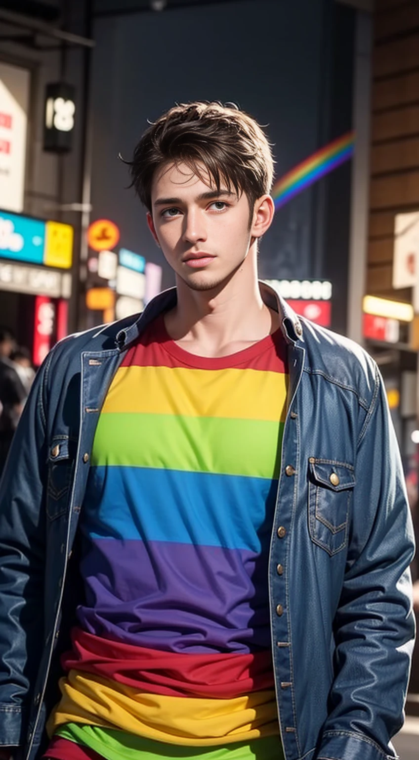 handsome young man in his 20s, Chris Redfield, rainbow hair,