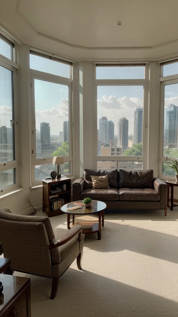 Arav view of the living room with sofa, Chair, and a coffee table, Ruben Nakian (Reuben Nakian) Surrealism, shutter, modernism, Floor-to-ceiling windows, Floor-to-ceiling windows, Natural light as background, Floor-to-ceiling windows, Luxurious environment, beautiful scenery, Beautiful view, 日落Beautiful view, Natural light in the room, Indoor Photography