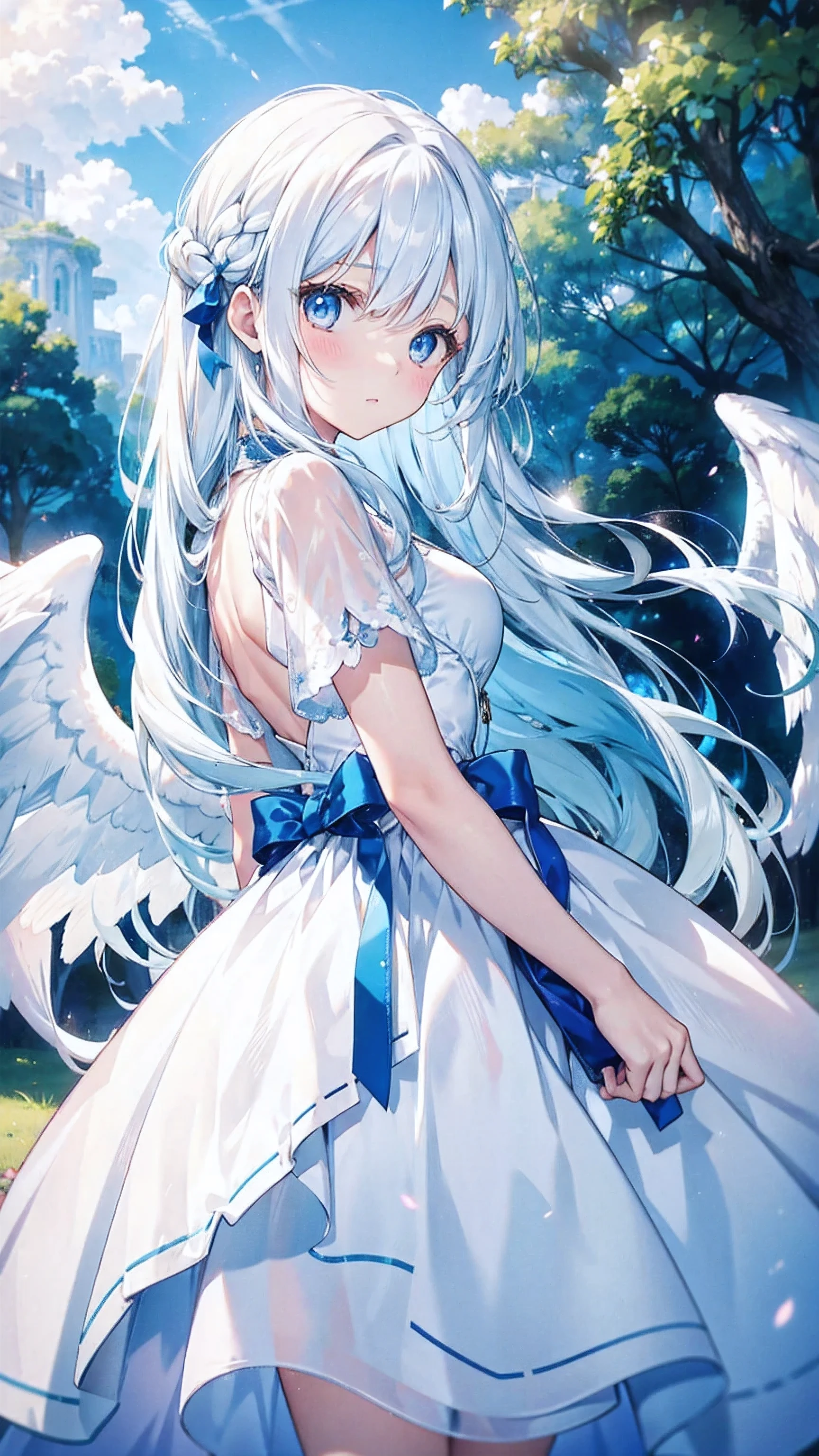 A pretty girl with long white hair and blue eyes、16 years old、Surprised、Bright expression、joy、White dress、Angel wings on the back