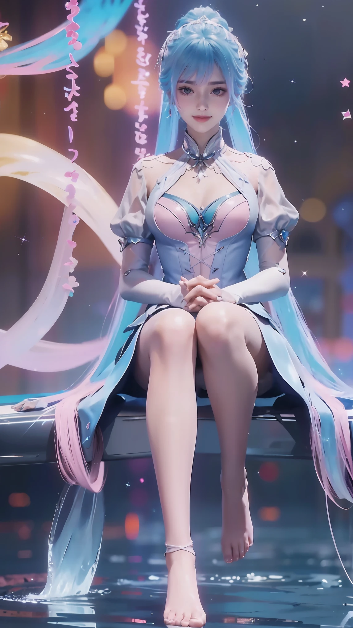 ((Biologically correct number of limbs))、(( Full body image（Including the face）))、4K、masterpiece、((Focus on the face))、((Symmetrical facial features))、The eyes are described in detail、Beautiful woman、Outstanding style、Beautiful arms、Beautiful legs、beautiful hands、(slim)、Facial details、Small earrings、necklace、(white shiny、Shiny dress、barefoot、radiant skin）Smile、（Beautiful legsのアップ）、Sweat，Starry Sky，Starry Sky背景，Deep View，above water，Double tail，Colored hair，Blue and Pink Ombre Hair，Bare legs，barefoot
