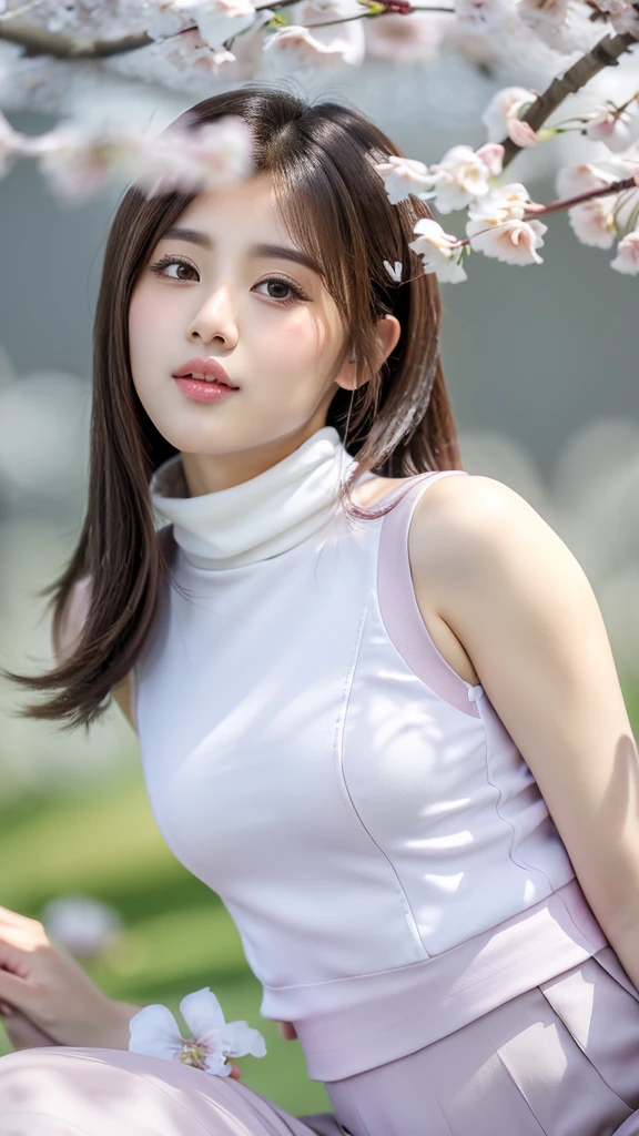 (((white cherry blossom))),(detailed face),(crotch),normal breasts,pretty,sleeveless and turtle neck white silky clothes,4k ,super high resolution ,(photo-realistic: 1.7),gray background,black long hair,