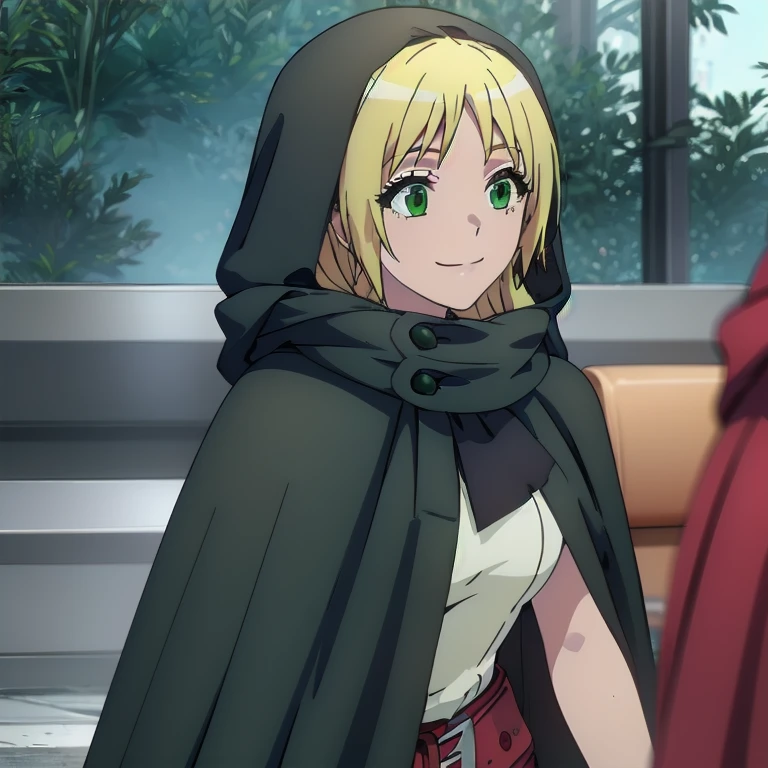 Solo, 1girl, esther rosenthal, smile, long hair, blonde hair, (green eyes:1.5), mole, hooded cloak, cape, best quality, forest,