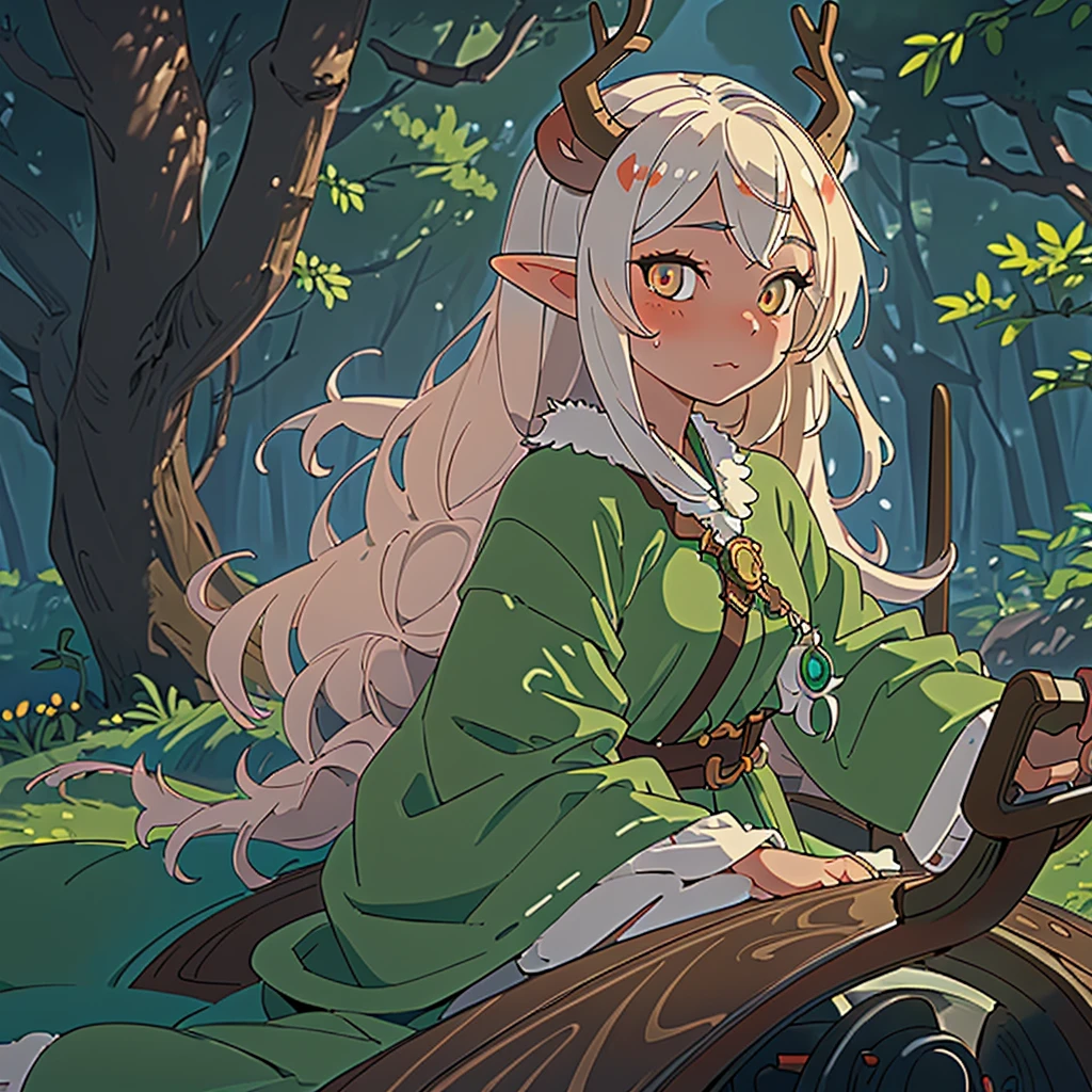 (Masterpiece, Best Quality), 1 girl, intricate details, rubio, move, wavy fur, looking at the viewer, elf, Upper part of the body, forest, steering wheels, fog, deer horns,