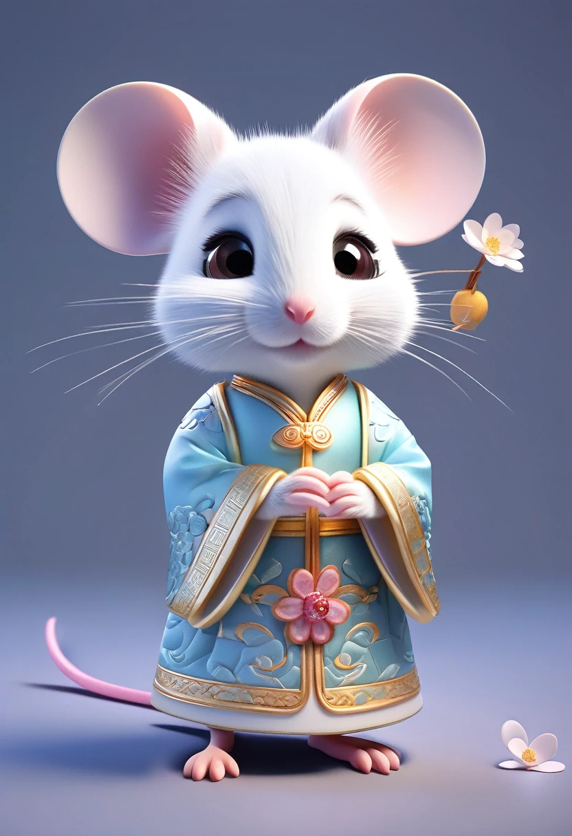 (little white mouse )Soft Chinese Tang Dynasty Chinese Costume, So cute, Cinema Lighting, Intricately crafted patterns, Pixar Style, Anthropomorphic, Big eyes, smile, Peach Blossom, flow, Charm, immortal, fluffy, Shiny bristles, ptals, fairy tale, Unreal Engine 5 and Octane Rendering, Incredibly detailed, 4K, Art Station Trends, nice, Ultra Wide Angle, 4K --10 per:16 --Test --Video -- Updater