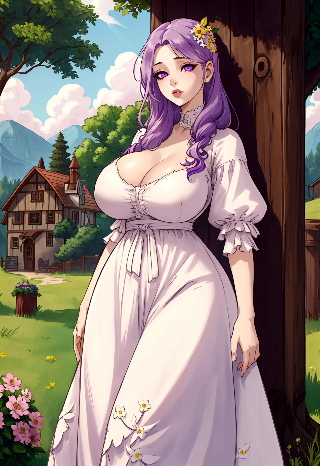 A woman with very long straight light purple hair, beautiful torn light purple eyes, light pink lips, pale white skin, Big breasts, thin waist, big hips, granary, vintage yellow flower dress, under a tree, stardew valley style