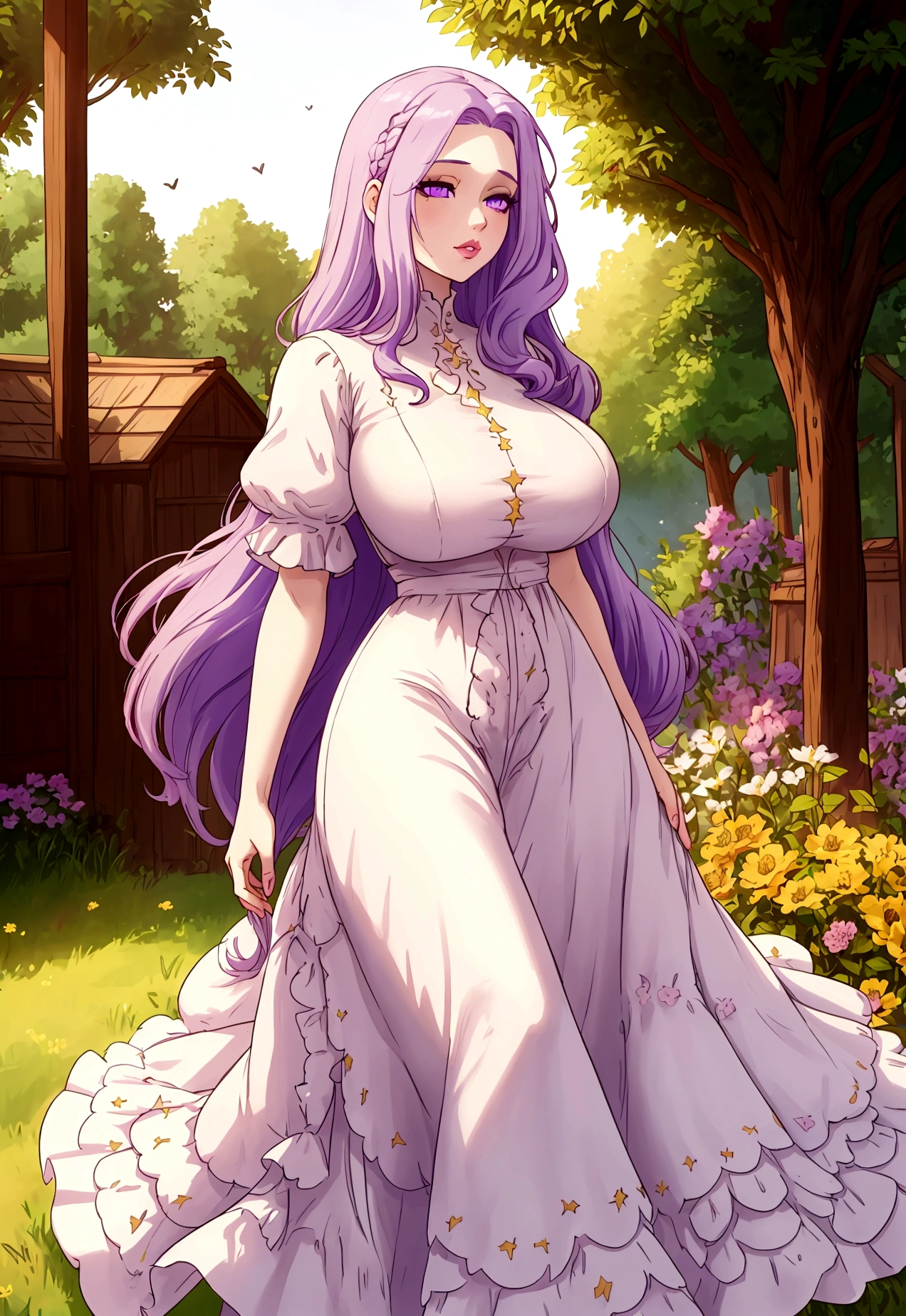 A woman with very long straight light purple hair, beautiful light purple eyes, White skin, , thin waist, big hips, granary, vintage floral dress, under a tree, stardew valley style