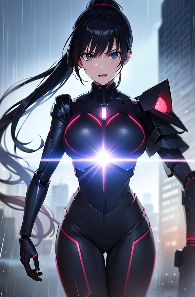 最high quality, high quality, 8K、High resolution,Highest quality、solo、Black Hair, ponytail, Open Mouth Smile, Evil Face, Expressionless face, anime character in a futuristic suit standing in city, (rain), (city), Bodysuits, neon Bodysuits, Secret spy, A heroine of justice wearing mecha cyber armor,Old Manga, Sci-fi anime, modern mecha anime