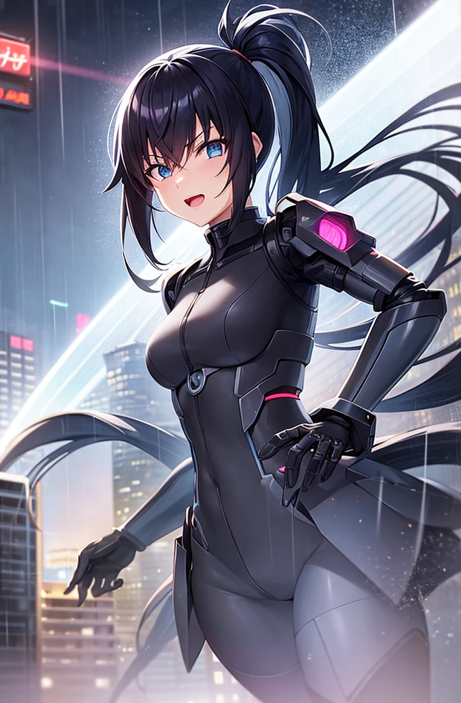 最high quality, high quality, 8K、High resolution,Highest quality、solo、Black Hair, ponytail, Open Mouth Smile, Evil Face, Expressionless face, anime character in a futuristic suit standing in city, (rain), (city), Bodysuits, neon Bodysuits, Secret spy, A heroine of justice wearing mecha cyber armor,Old Manga, Sci-fi anime, modern mecha anime