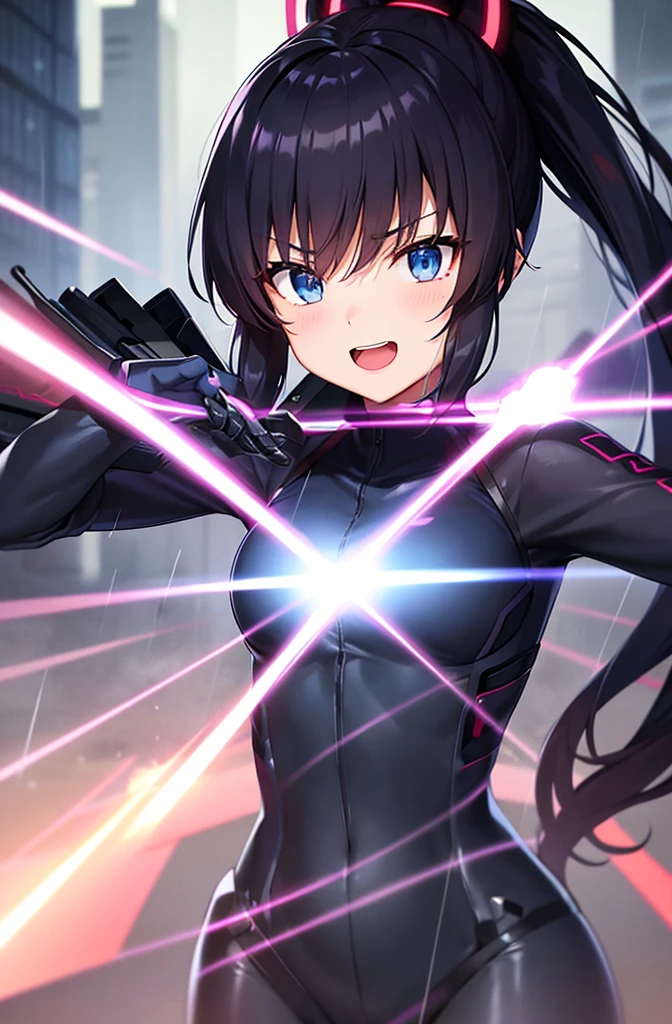 最high quality, high quality, 8K、High resolution,Highest quality、solo、Black Hair, ponytail, Open Mouth Smile, Evil Face, Expressionless face, anime character in a futuristic suit standing in city, (rain), (city), Bodysuits, neon Bodysuits, Secret spy, A heroine of justice wearing mecha cyber armor,Old Manga, Sci-fi anime, modern mecha anime