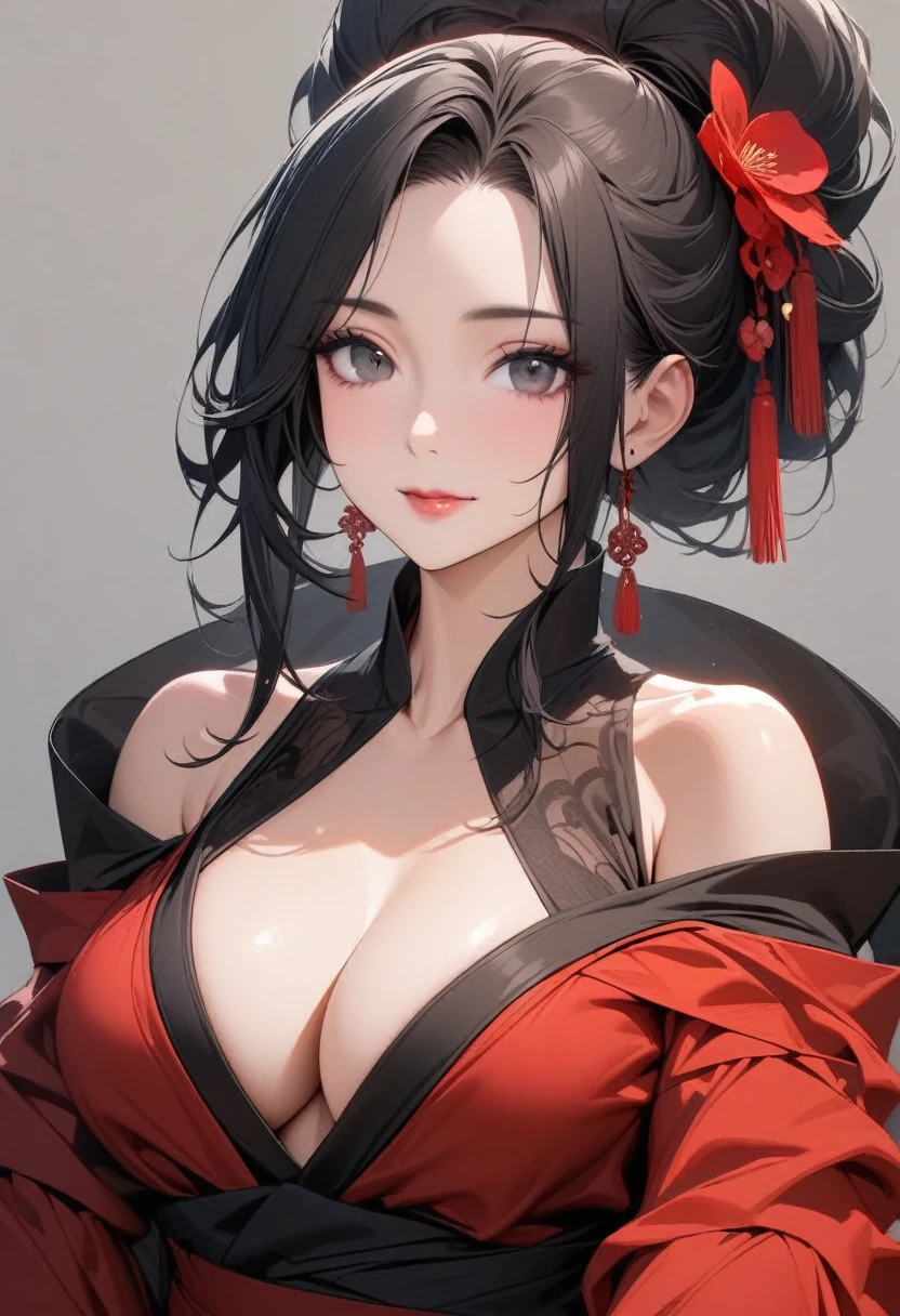 Mature women,Black long hair,Hair up,Red Hanfu,Showing cleavage,Show your shoulders,Beautiful black eyes,Extremely detailed,high resolution,Simple background