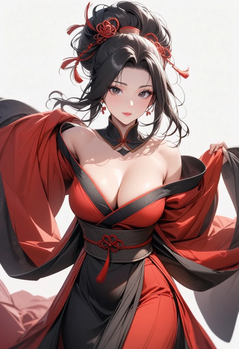 Mature women,Black long hair,Hair up,Red Hanfu,Showing cleavage,Show your shoulders,Beautiful black eyes,Extremely detailed,high resolution,Simple background