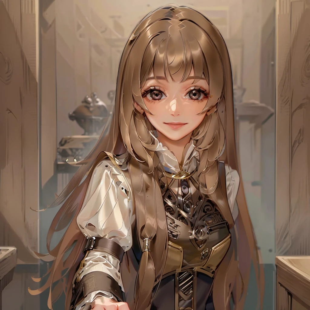 (masterpiece, best quality, ultra-detailed, highres, 4k),(beautiful detailed eyes),(very detailed face),(1girl),HDR,long hair, cute, brown eyes, brown hair, cellphone, watch, lips, solo focus, nail polish, blurry background, smile, wristwatch, realistic, blurry, looking at viewer