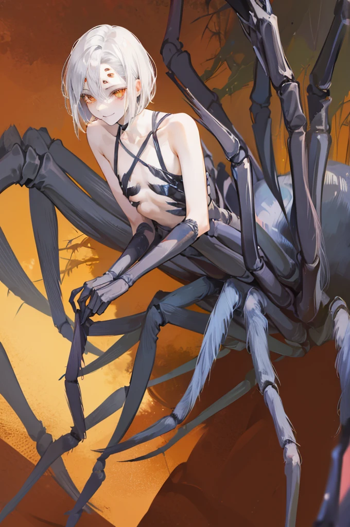 (arachne:1.3), arthropod limbs, 1man, (adult male:1.2), bust, (solo), grey hair, short hair, fair skin,white, morbid, smirk, solo, orange eyes, forest background