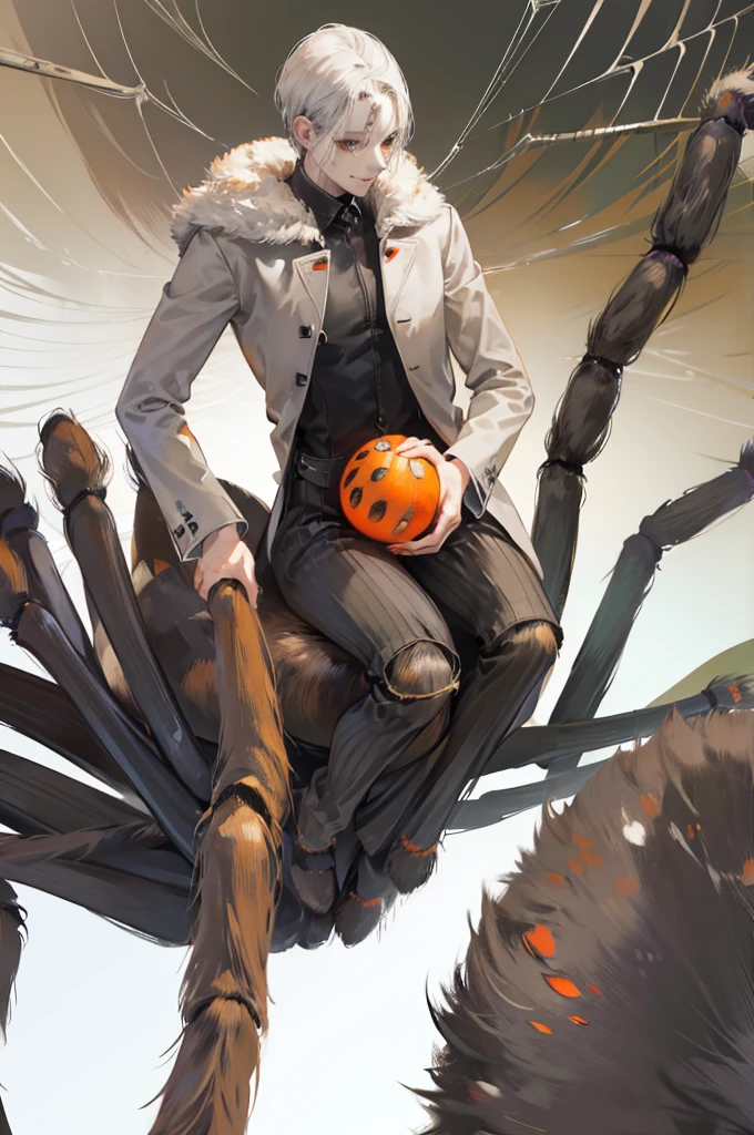 (arachne:1.3), arthropod limbs, 1man, (adult male:1.2), bust, (solo), grey hair, short hair, fair skin,white, morbid, smirk, solo, orange eyes, forest background