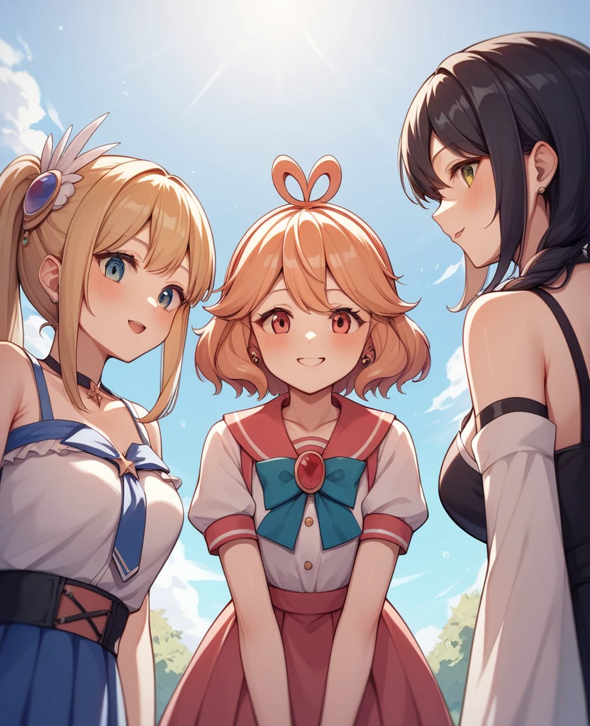 Highest quality, Very detailed, masterpiece, anime,Highest quality,Japanese ,Three Girls,Holiday outings,Transparent haori,Browsing Caution,Magical girl、Upper Body、Close Contact、lure、Provocative look、Leaning forward、bring your chest to the center、Large Breasts、Low - Angle