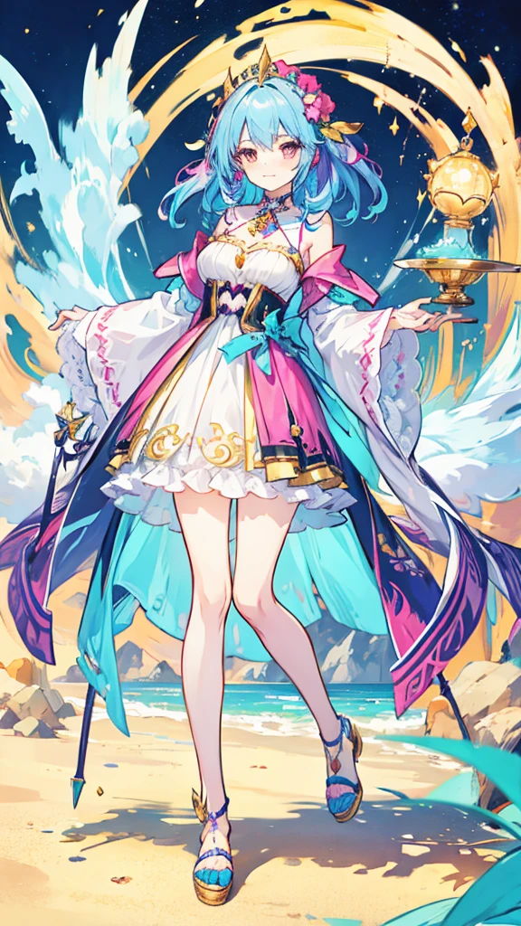 fantasy world girl with colorful hair, accessories, detailed clothes