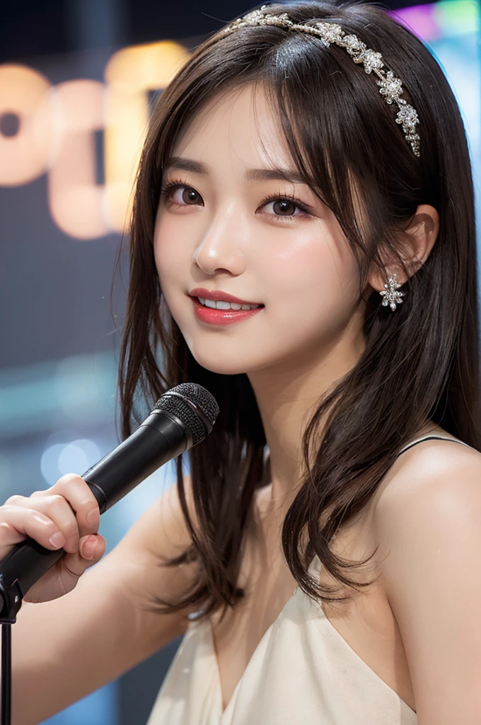 (masterpiece:1.3), High resolution, Super detailed, Highly detailed CG Unity 8k wallpaper, Realistic, photo-Realistic, RAW Photos, Beautifully detailed face, Pale skin, Realistic glistening skin, Detailed cloth texture, Detailed hair texture, Perfect body, Beautiful Face, Accurate, Anatomically correct, Highly detailed face and skin texture, Natural neck length, (Beautiful Hands), (Fair skin:1.1), (Good teeth alignment:1.1), (Sweaty skin:1.2),
BREAK,
Fine grain, Symmetrical eyes, Light brown eyes, double eyelid, Thin eyebrows, (Glossy Lips:1.4), ((A face waiting for a kiss:1.2)), (blush:1.1), (Sparkly little hair accessories:1.1), (Beautiful smile:1.1), (Holding a microphone:1.3),
BREAK,
(An elegant and cute 15-year-old junior idol:1.3), (nude, nsfw, Very erotic nipples:1.4), baby face,
BREAK,
small breast, Slim figure, Toned Abs,
((Half Up, Black Hair, bangs:1.2)), (Cowboy Shot:1.2), (View your viewers), Cowboy Shot, From above,
BREAK,
(Singing on stage:1.3),