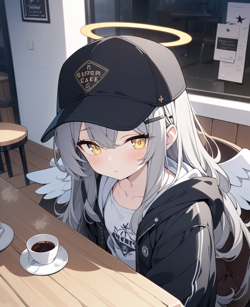 , masterpiece, Highest quality, Very detailed, CG, 8k wallpaper, Pretty face, Delicate eyes, alone, 白いLong Hair, Yellow Eyes, hairpin, White shirt, black hooded jacket, Black shorts,Black baseball cap, Black Stockings, Black knee-high boots,Bright cafe,NSFW,(masterpiece, Highest quality:1.3), (Super detailed:1.3), One girl, alone, (Gray Hair, Messy Hair, Long Hair), (Angel Wings, Angel Halo), Flat Chest, Yellow Eyes,Expressionless,Sit at the table,Look at your smartphone