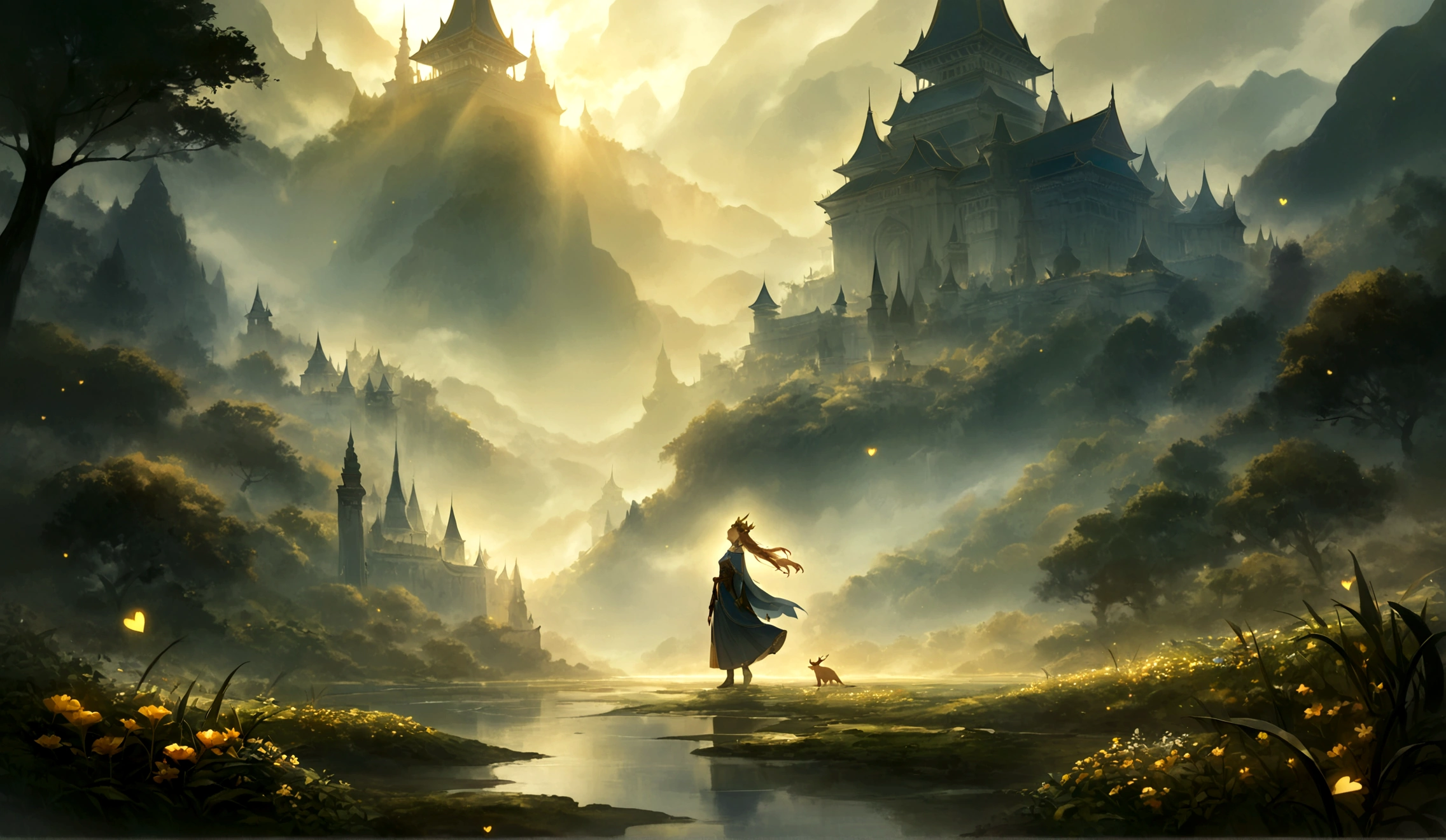 

The scene is set in a fantastical realm where magic and ancient traditions intertwine seamlessly. Majestic mountains loom in the distance, their peaks shrouded in mist, hinting at the mysteries they conceal. A serene river meanders through the lush, verdant landscape, its waters sparkling under the golden rays of a setting sun. On one bank stands a grand palace with towering spires, its architecture a blend of elegance and grandeur, reflecting the opulence of a bygone era.

In the foreground, a dense forest teems with life, the trees towering and ancient, their leaves whispering secrets of old. The air is filled with the scent of blooming flowers and the distant calls of mythical creatures. At the heart of this enchanting world stands a solitary figure, their presence commanding and aura imbued with a sense of pride and arrogance inherited from an ancient legacy. The scene is both serene and charged with an underlying tension, a perfect blend of beauty and latent power.