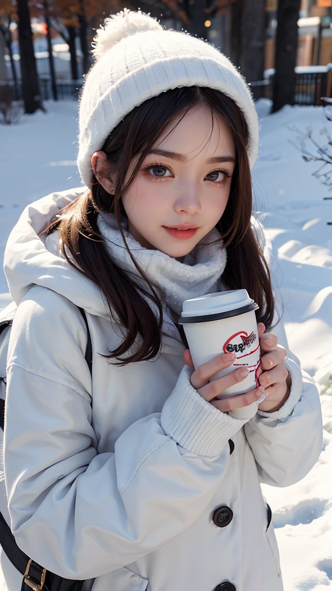 18-year-old girl，Nudity all over，standing in the snow，eating ice cream