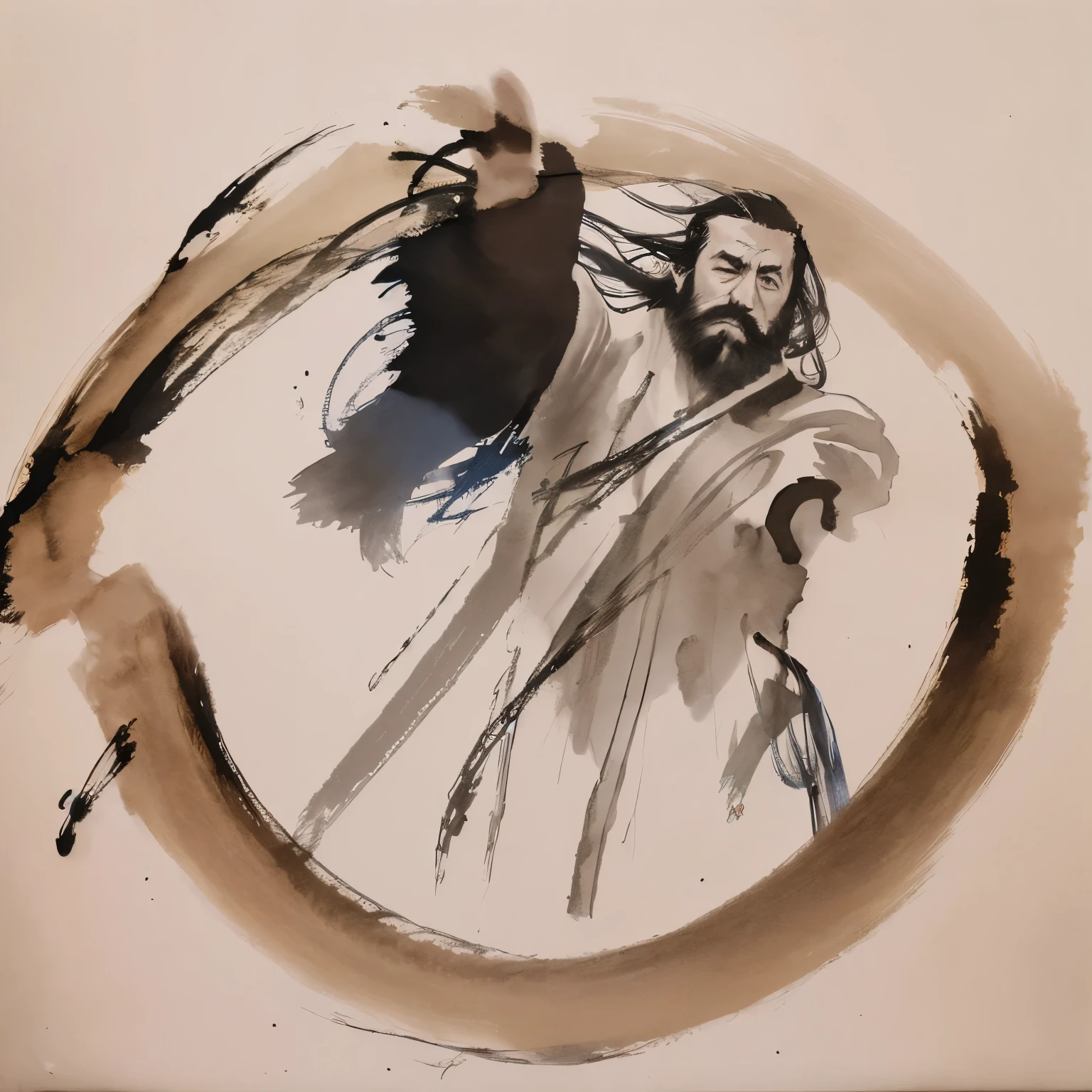 zydink, monochrome, ink sketch, 1boy, asian (middle age man), (long beard, facial hair), fighting stance, looking at viewer, long hair, floating hair, hanfu, chinese clothes, long sleeves, (abstract ink splash:1.2), white background