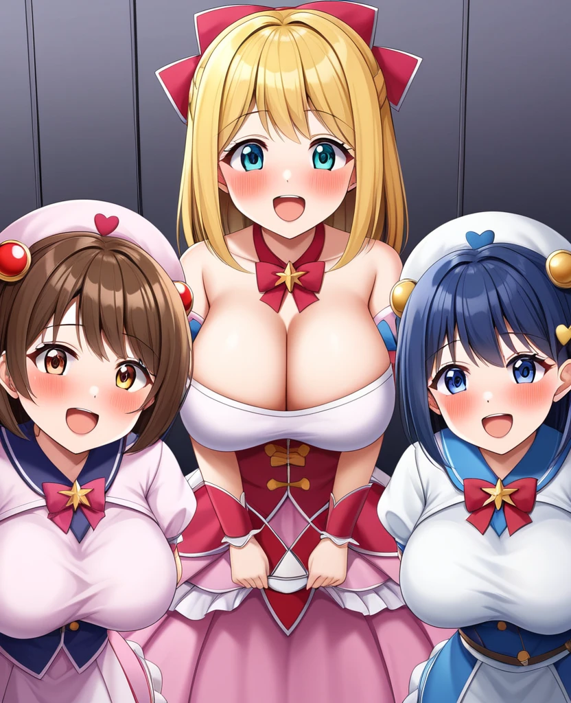 Highest quality, Very detailed, masterpiece, anime,Highest quality,Japanese ,Three Girls,Holiday outings,Transparent haori,Browsing Caution,Magical girl、Upper Body、Close Contact、lure、Provocative look、Leaning forward、bring your chest to the center、Large Breasts