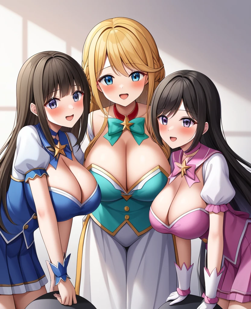 Highest quality, Very detailed, masterpiece, anime,Highest quality,Japanese ,Three Girls,Holiday outings,Transparent haori,Browsing Caution,Magical girl、Upper Body、Close Contact、lure、Provocative look、Leaning forward、bring your chest to the center、Large Breasts