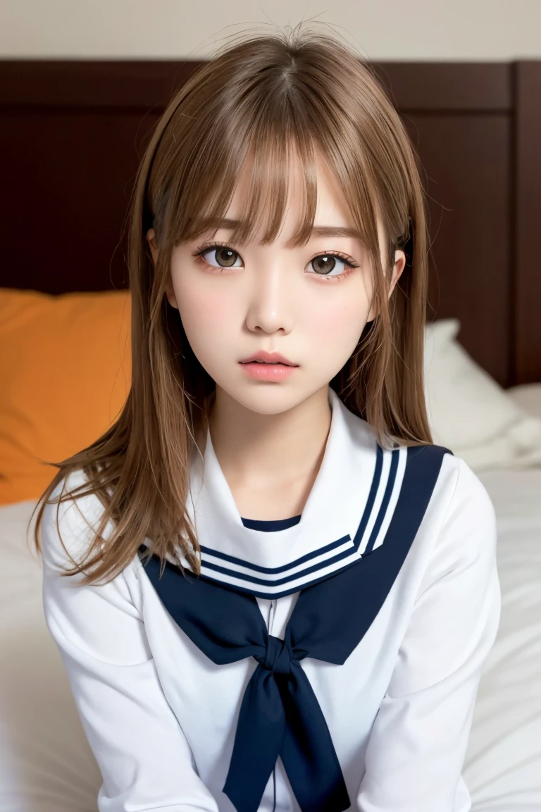 1girl,solo,hair_ornament,on_stomach,lying,blonde_hair,looking_at_viewer,hairclip,serafuku,parted_lips,socks,sailor_collar,long_sleeves,white_socks,bed,long_hair,pillow,shirt,white_shirt,orange_eyes,on_bed,parted_bangs,indoors,no_shoes,bangs,black_sailor_collar,blurry,depth_of_field,blue_neckerchief,reaching_towards_viewer