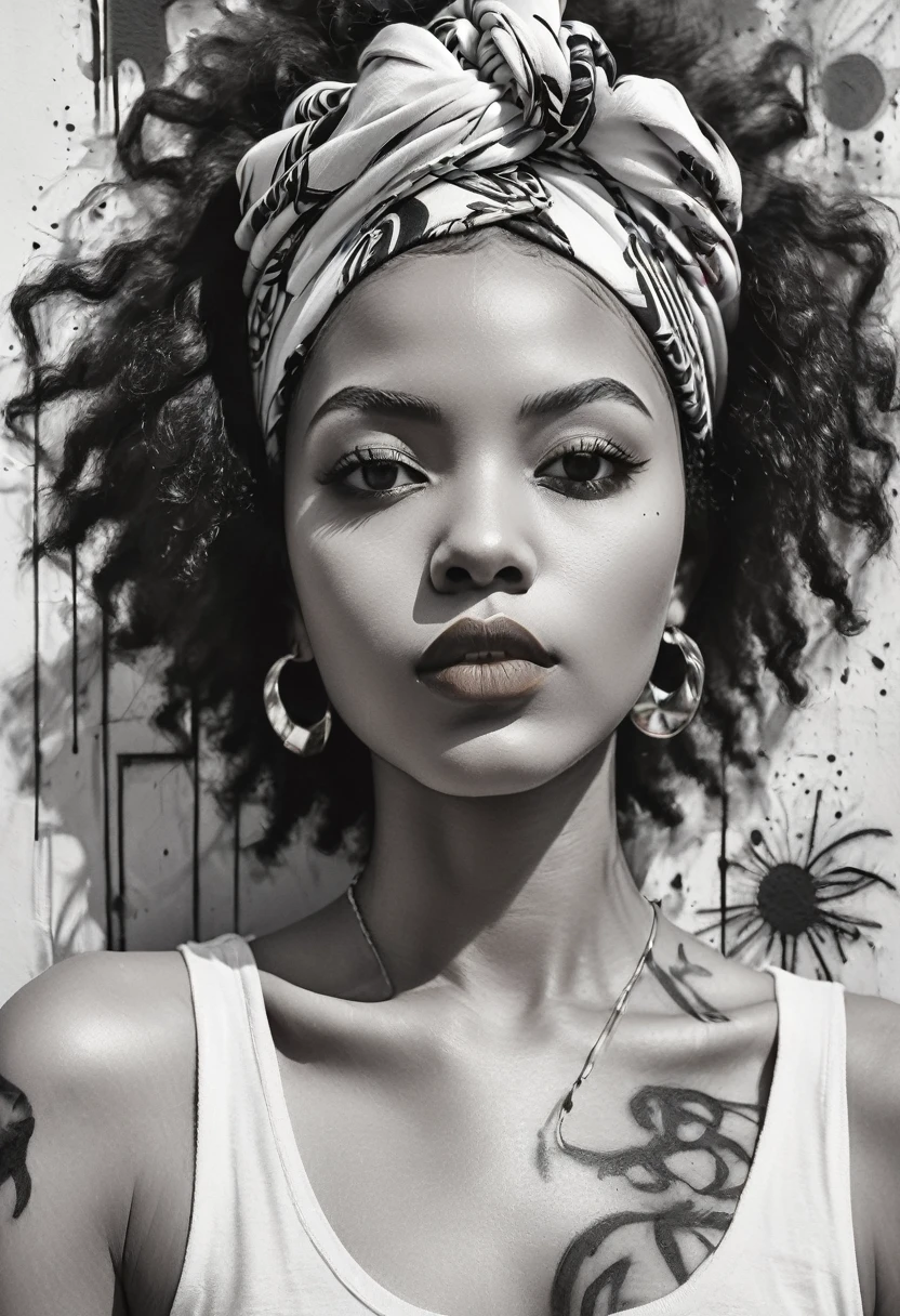 Black and white sketch of a black beautiful young woman with vivid red lipstick, afro hair and colorful head wrap, set against a vibrant urban backdrop featuring bold graffiti in a dynamic digital art style. This design seamlessly blends traditional elegance with contemporary street art, creating a striking visual contrast perfect for a unique and eye-catching t-shirt."