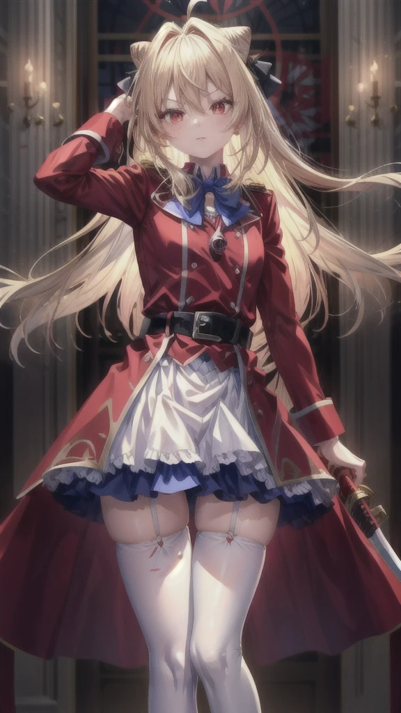 ((Best Quality)), ((Masterpiece)), (detailed), (full body view), {Terakomari Gandesblood}, {1girl, Alone, long hair, blonde hair, cone hair bun, hair ornament, hair intakes, Ahoge, bangs, red eyes, blue bowtie, red jacket, red coat, long sleeves, belt, white skirt, garter straps, white thighhighs}, He has a blood red katana, {correct anatomy}.