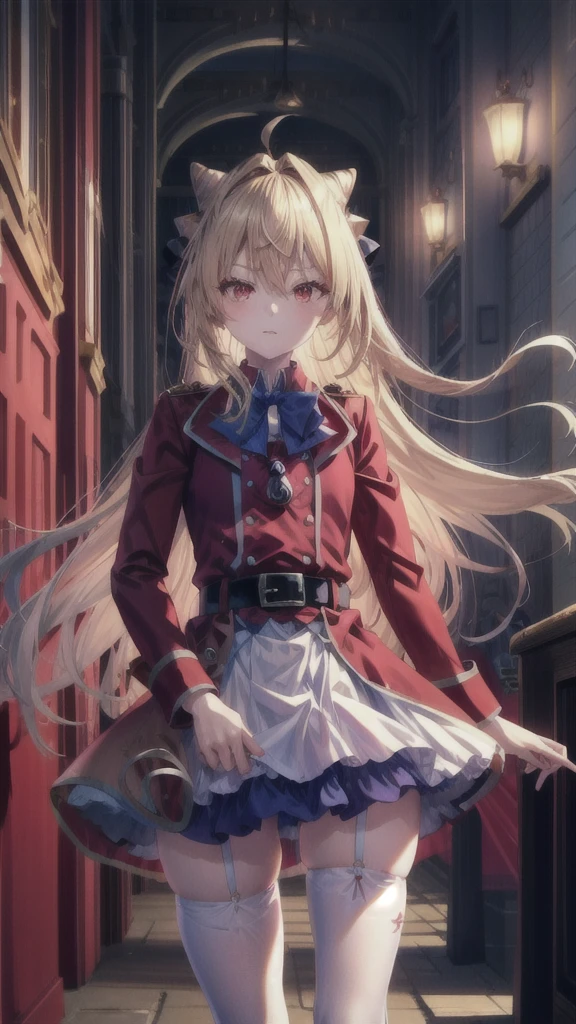 ((Best Quality)), ((Masterpiece)), (detailed), (full body view), {Terakomari Gandesblood}, {1girl, Alone, long hair, blonde hair, cone hair bun, hair ornament, hair intakes, Ahoge, bangs, red eyes, blue bowtie, red jacket, red coat, long sleeves, belt, white skirt, garter straps, white thighhighs}, He has a blood red katana, {correct anatomy}.