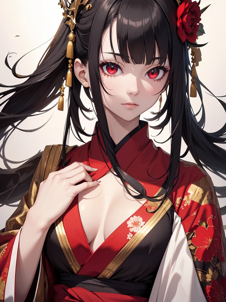 (8K, Best Quality, Masterpiece, Ultra High Resolution) Woman, Adult Woman, Beautiful Eyes, Face Details, Dark Black Hair, Red Eyes, Pale Skin, Kimono, Red Kimono with White Flower Pattern, Gold Details, Dark Castle, Royalty, Dark Queen, Best Quality, Upper Body, Looking at the Viewer, Facing Viewer, Close Up
