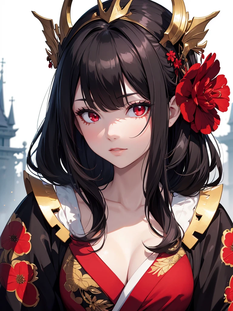 (8K, Best Quality, Masterpiece, Ultra High Resolution) Woman, Adult Woman, Beautiful Eyes, Face Details, Dark Black Hair, Red Eyes, Pale Skin, Kimono, Red Kimono with White Flower Pattern, Gold Details, Dark Castle, Royalty, Dark Queen, Best Quality, Upper Body, Looking at the Viewer, Facing Viewer, Close Up