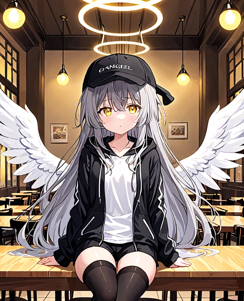 , masterpiece, Highest quality, Very detailed, CG, 8k wallpaper, Pretty face, Delicate eyes, alone, 白いLong Hair, Yellow Eyes, hairpin, White shirt, black hooded jacket, Black shorts,Black baseball cap, Black Stockings, Black knee-high boots,Bright cafe,NSFW,(masterpiece, Highest quality:1.3), (Super detailed:1.3), One girl, alone, (Gray Hair, Messy Hair, Long Hair), (Angel Wings, Angel Halo), Flat Chest, Yellow Eyes,Expressionless,Sit at the table,Look at your smartphone