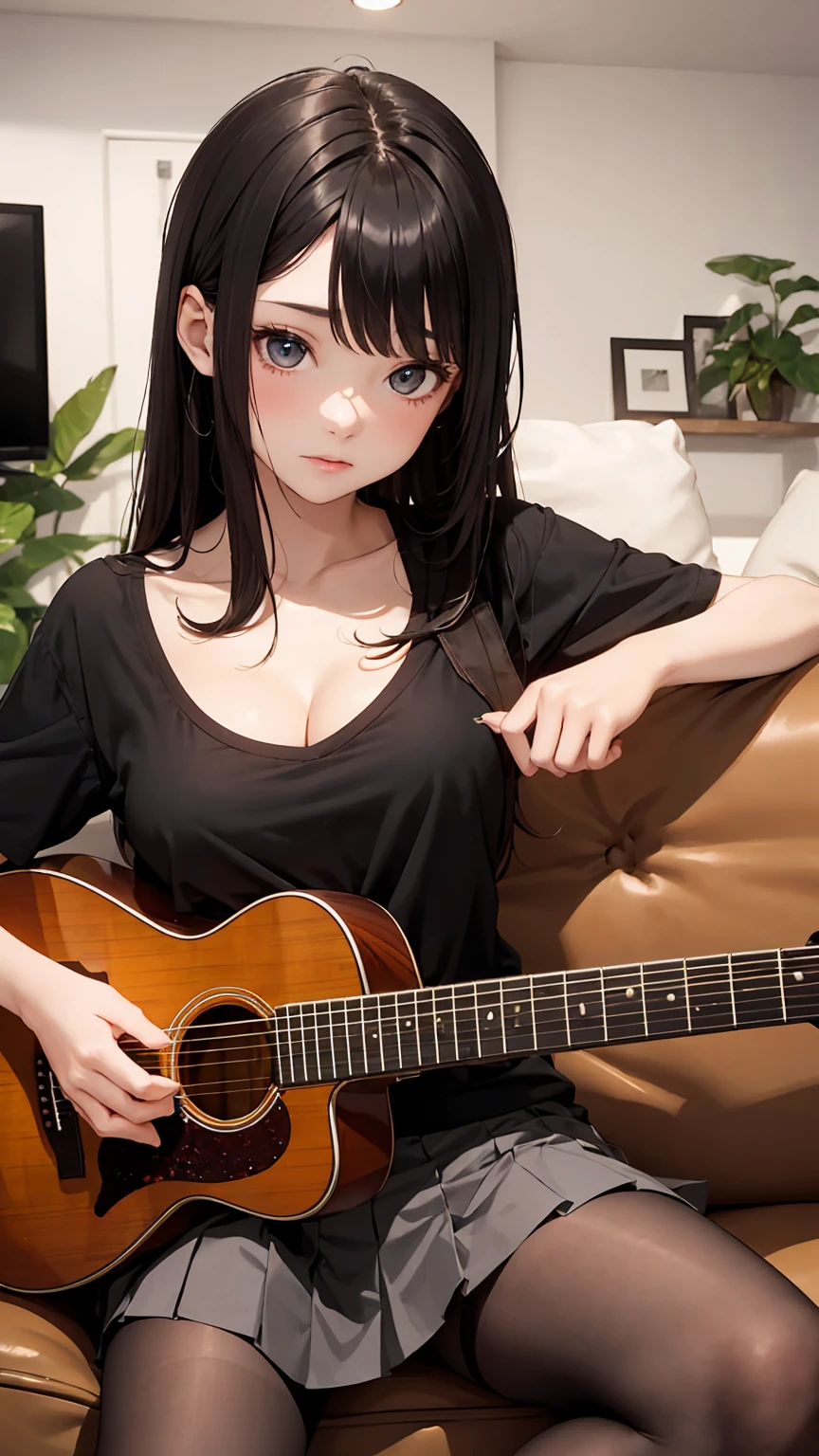 beautiful age girl, 13 yg eyes, pale skin, very sexy sensual body, big t-shirt, small cleavage, small pleated skirt, pantyhose, ray tracing, 4K, best quality, living room, sitting on sofa, hand on guitar