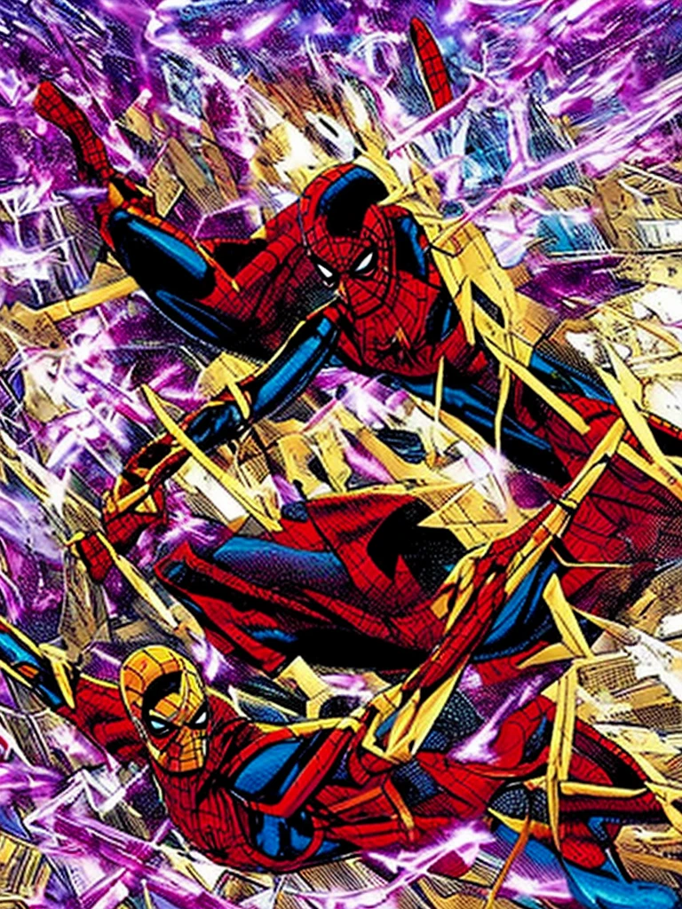 make images of the girl now as spider woman.She wearing a black outfit from the shoulders down, the red parts with cobwebs and the large yellow spider print on the chest, the mask with white eyes and yellow eyeshadow leaving the hair free outside the mask. all images in panel of Marvel Spider-Man and Spider-Verse 
