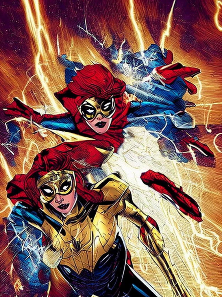 make images of the girl now as spider woman.She wearing a black outfit from the shoulders down, the red parts with cobwebs and the large yellow spider print on the chest, the mask with white eyes and yellow eyeshadow leaving the hair free outside the mask. all images in panel of Marvel Spider-Man and Spider-Verse 
