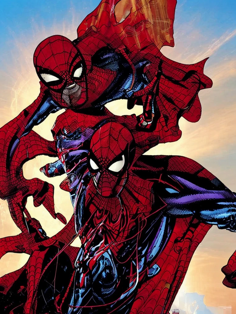 make images of the girl now as spider woman.She wearing a black outfit from the shoulders down, the red parts with cobwebs and the large yellow spider print on the chest, the mask with white eyes and yellow eyeshadow leaving the hair free outside the mask. all images in panel of Marvel Spider-Man and Spider-Verse