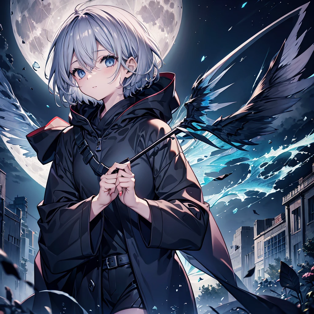 ((((grim Reaper　Inflammation))))　(((Gray Hair　short hair　blue eyes　woman　Center close-up)))，((night　full moon　My own big wings))，(Wearing a hood　Black camisole　Purple light)，　A tense look　Shining Background　Shining Edges