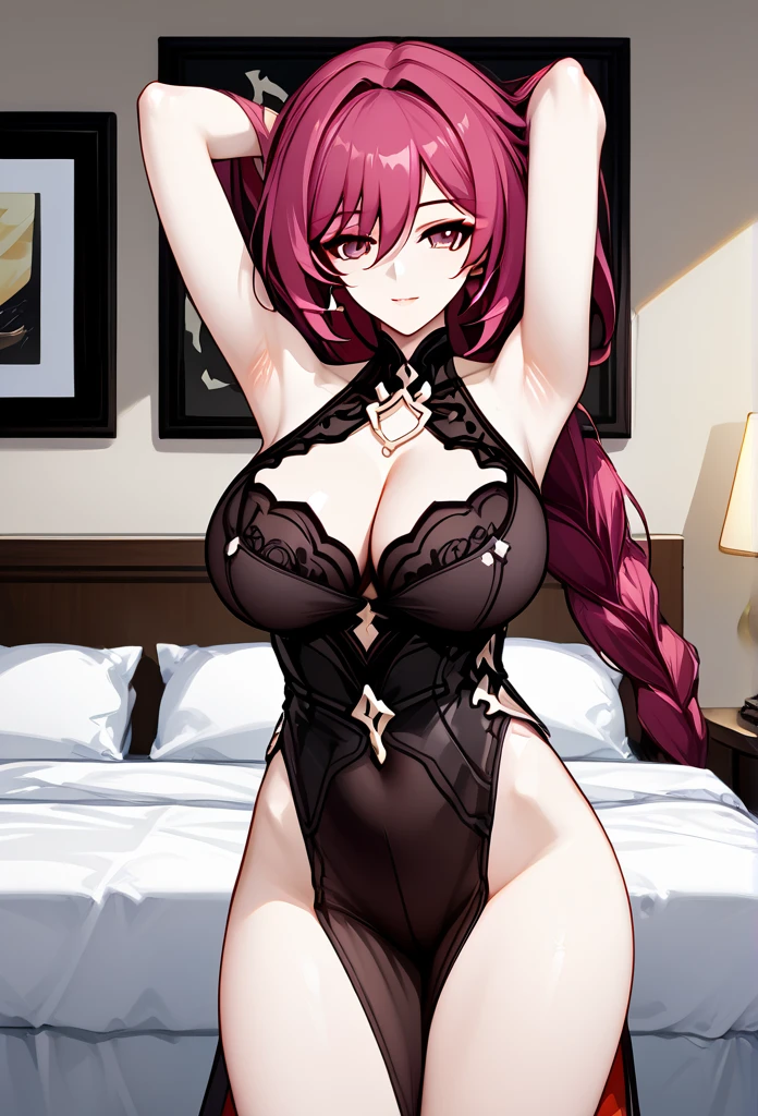 Kafka, honkai starrail, starrail, mature woman, mature face, dark magenta hair, mature body, bedroom, arms up, armpits exposed