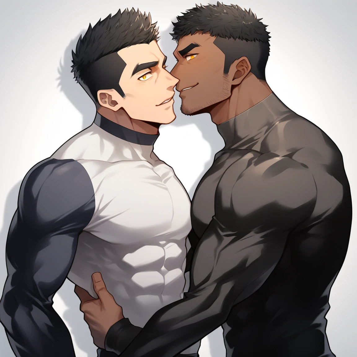 anime characters：Two superheroes in tights, Muscle superhero, negro black skin, They hugged and kissed each other, Bite your neck, Caress, Manliness, male focus, Yellow and black high collar long sleeve tight T-shirt, Slightly transparent material, Very tight, Round, full and perky chest muscles, Muscle waist, Slightly transparent, muscular male, muscular, only, Upper body, alone, Black short hair, Thick eyebrows, stubble, Yellow eyes, Grey background, simple background, amazing quality, best aesthetics, Ridiculous, bright pupils, crew cut, parted lips, seductive smile, torogao, naughty face, drop shadow, best quality