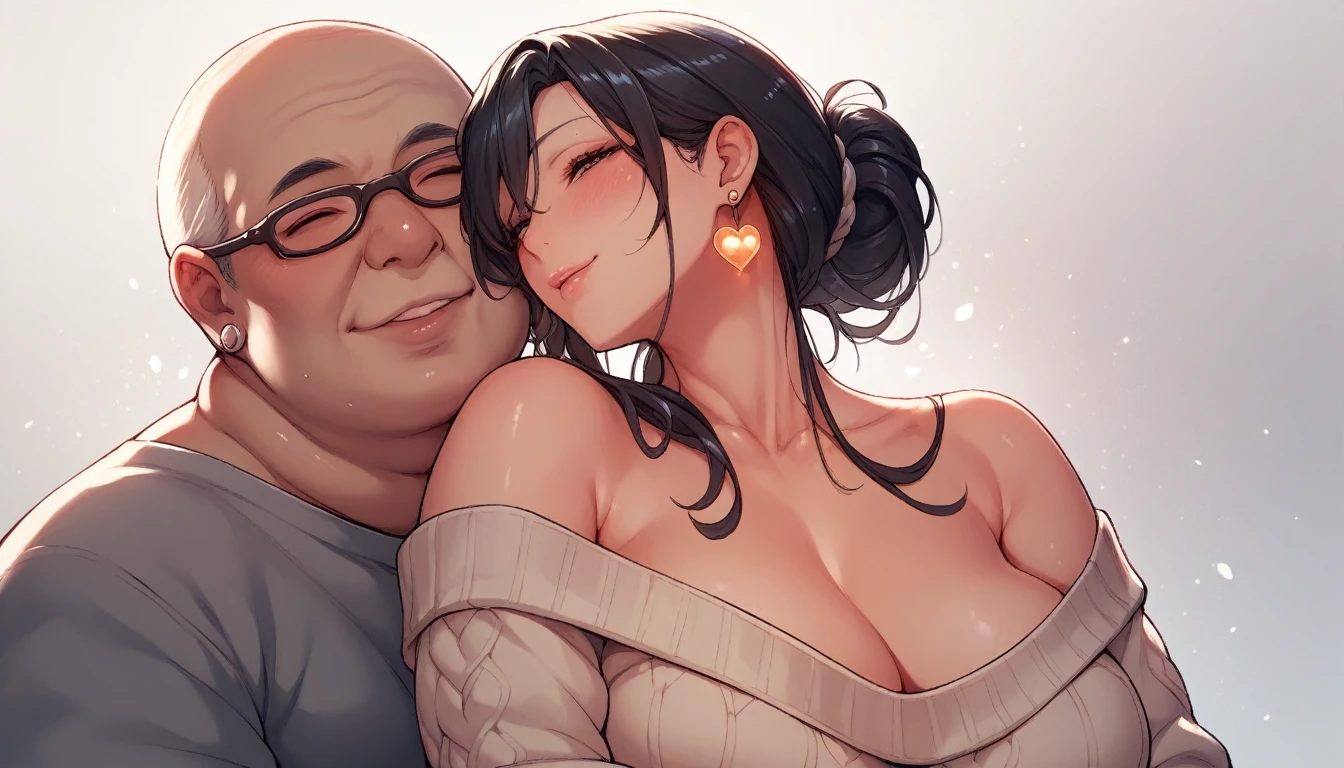 Hot sexy beautiful  milf hugging with ugly fat old man tightly, shiny glowing silver hoops earrings,big breasts, ,black hair, Japanese hairstyles ,off shoulder sweater