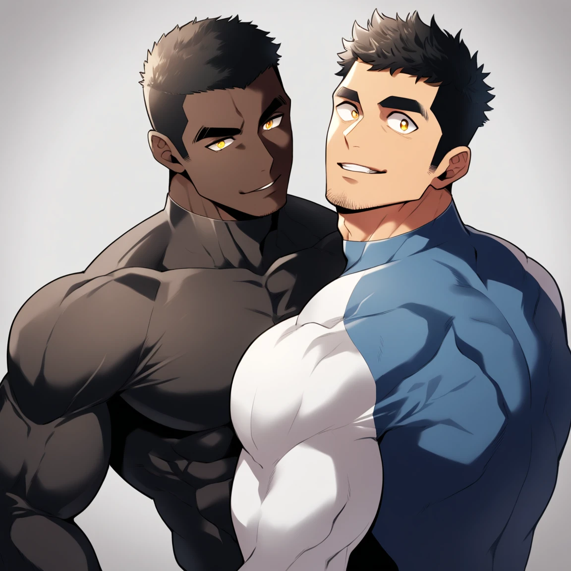 anime characters:Two superheroes in tights, Muscle superhero, negro black skin, They hugged and kissed each other, Bite your neck, Caress, Manliness, male focus, Yellow and black high collar long sleeve tight T-shirt, Slightly transparent material, Very tight, Round, full and perky chest muscles, Muscle waist, Slightly transparent, muscular male, muscular, only, Upper body, alone, Black short hair, Thick eyebrows, stubble, Yellow eyes, Grey background, simple background, amazing quality, best aesthetics, Ridiculous, bright pupils, crew cut, parted lips, seductive smile, torogao, naughty face, drop shadow, best quality
