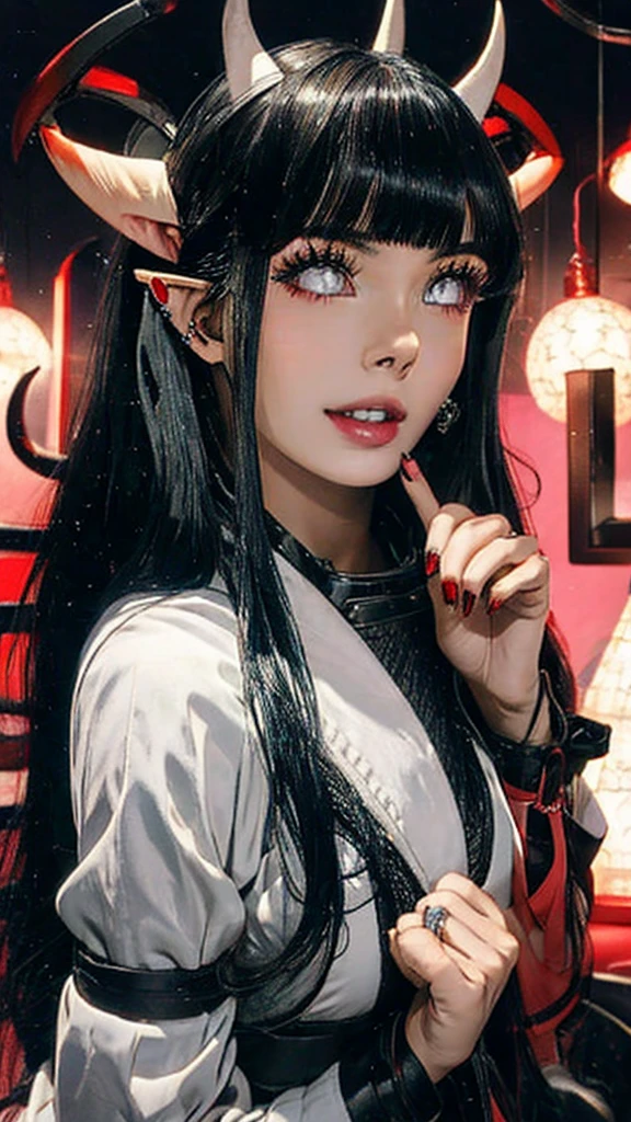 Beautiful anime girl , 20 years old, long hair, bangs pointy ears, horns, seductive.