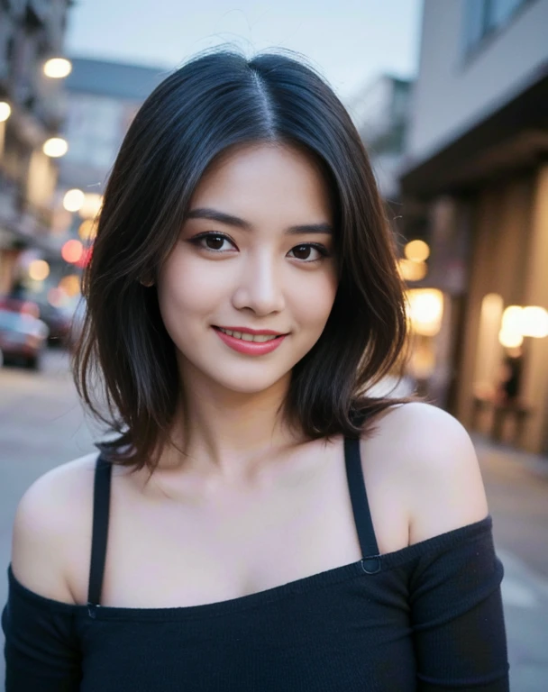 canon rf 85mm f1.2, (​masterpiece:1.3), 8K, Photorealsitic, Raw photography, (Top image quality:1.4), asian high school girls, ( black long straight hairs bring to the front of the body), (breast size:1), Super Detail Face, (sharp focus:1.2), (pretty woman:1.4), top-quality,​ masterpiece, A high resolution, (Photorealsitic:1.4), Highly detailed and professional lighting, slender, wearing black shirt off shoulder, serious facial expression, rules of third, 1 person, pretty eyes, beauty smile, standing on the street at night, random pose